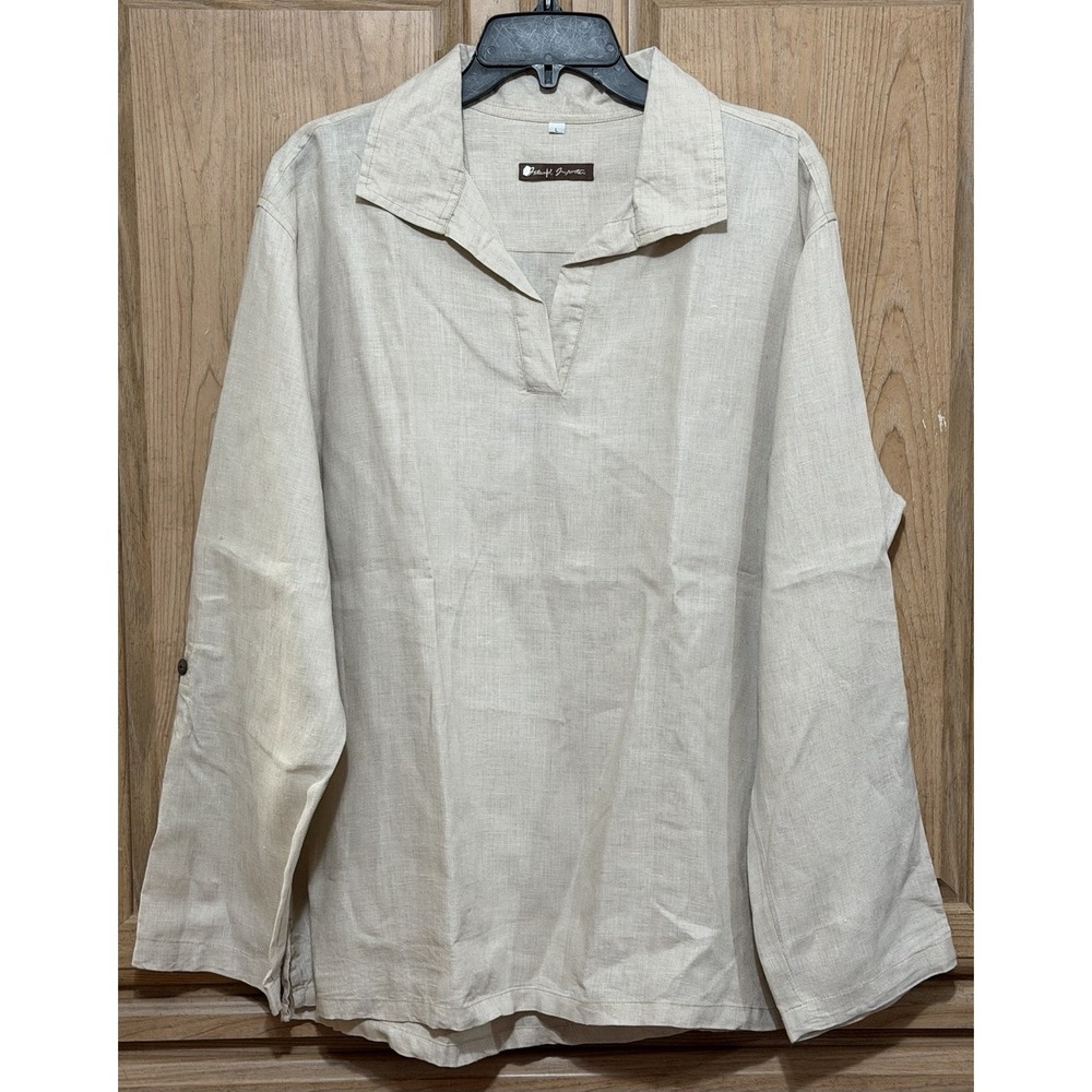 Island Importer 100% Linen Lightweight Long Sleeve Pullover Shirt Mens L Beige